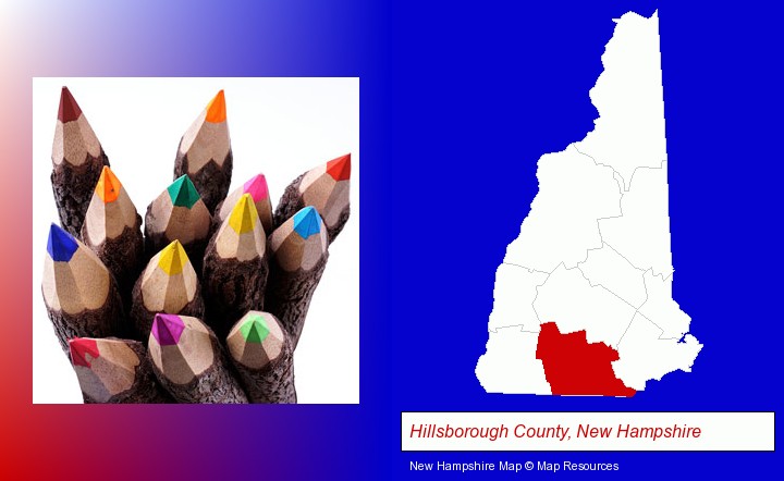 colored pencils; Hillsborough County, New Hampshire highlighted in red on a map