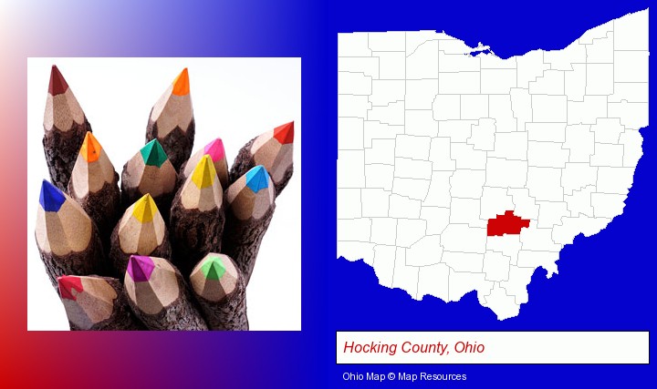 colored pencils; Hocking County, Ohio highlighted in red on a map