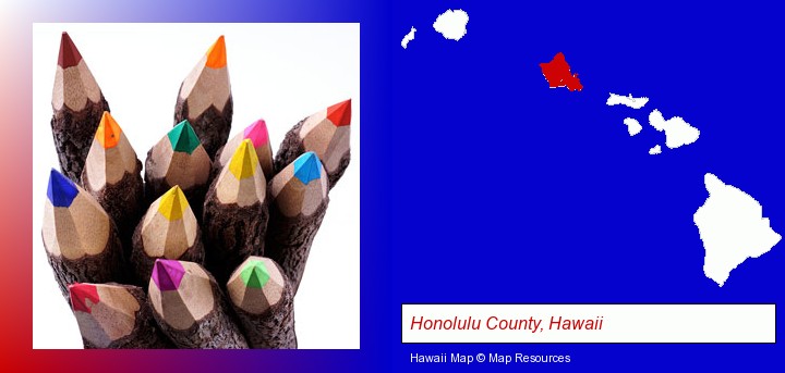colored pencils; Honolulu County, Hawaii highlighted in red on a map