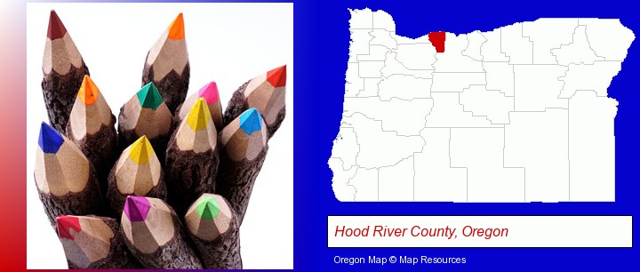 colored pencils; Hood River County, Oregon highlighted in red on a map