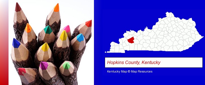 colored pencils; Hopkins County, Kentucky highlighted in red on a map