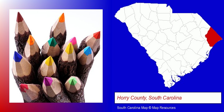 colored pencils; Horry County, South Carolina highlighted in red on a map