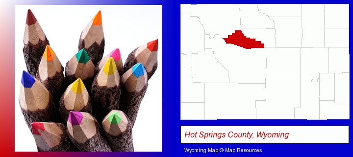 colored pencils; Hot Springs County, Wyoming highlighted in red on a map