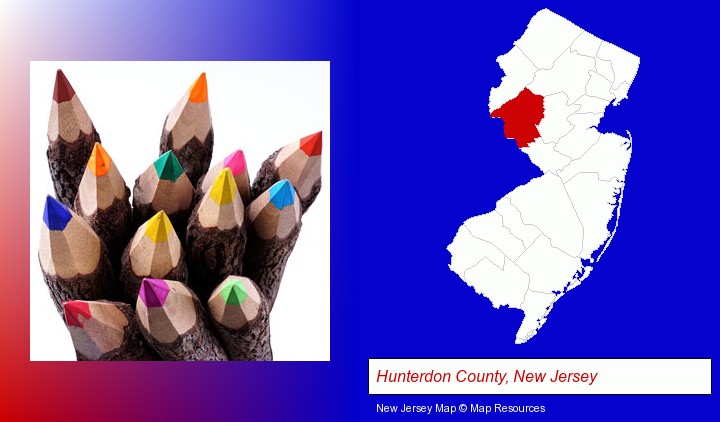 colored pencils; Hunterdon County, New Jersey highlighted in red on a map