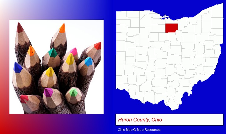 colored pencils; Huron County, Ohio highlighted in red on a map
