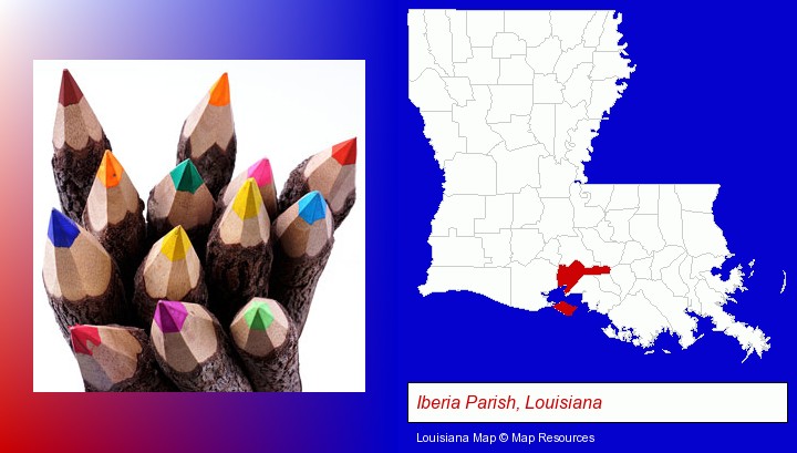 colored pencils; Iberia Parish, Louisiana highlighted in red on a map