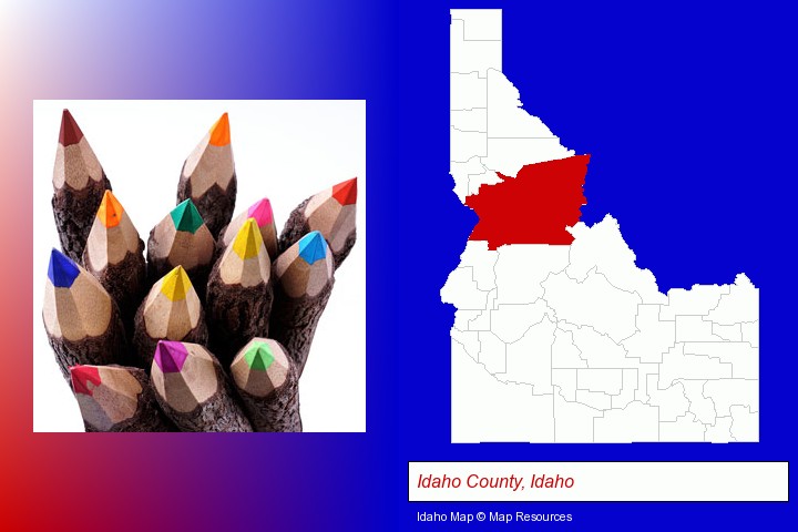 colored pencils; Idaho County, Idaho highlighted in red on a map