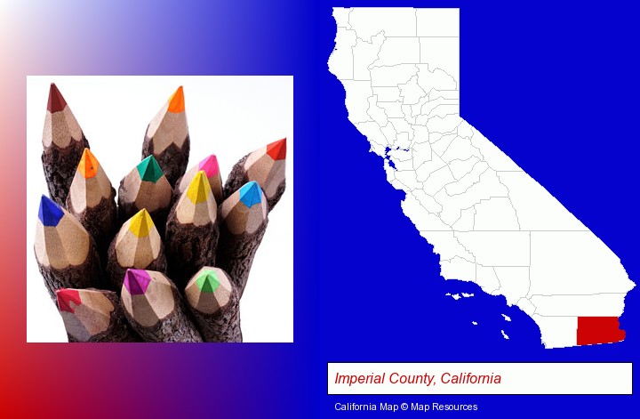 colored pencils; Imperial County, California highlighted in red on a map