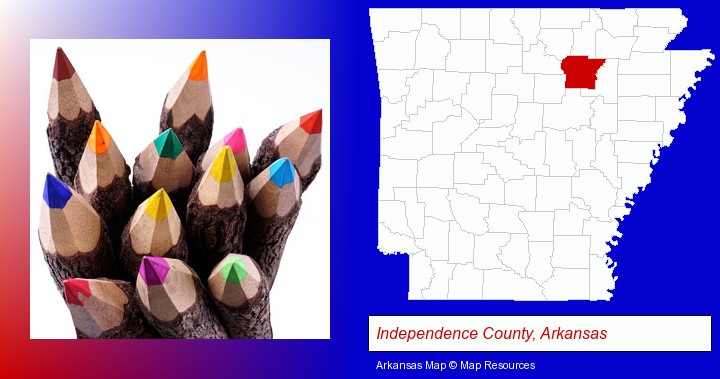 colored pencils; Independence County, Arkansas highlighted in red on a map