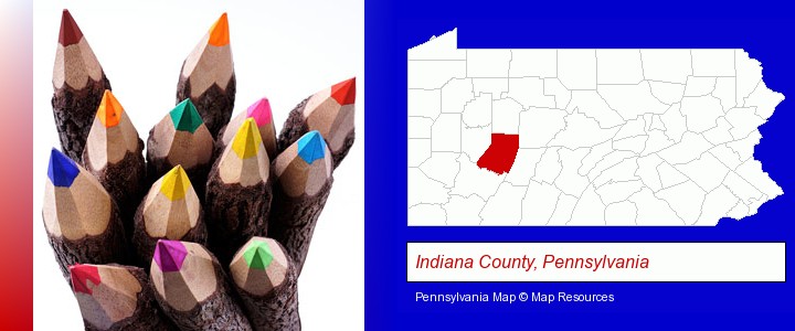 colored pencils; Indiana County, Pennsylvania highlighted in red on a map