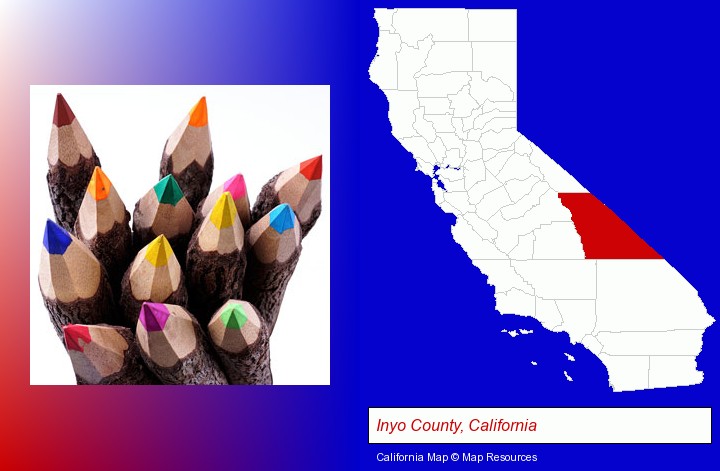 colored pencils; Inyo County, California highlighted in red on a map