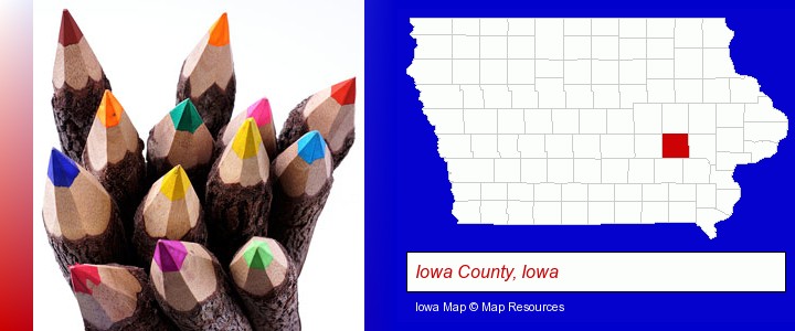 colored pencils; Iowa County, Iowa highlighted in red on a map