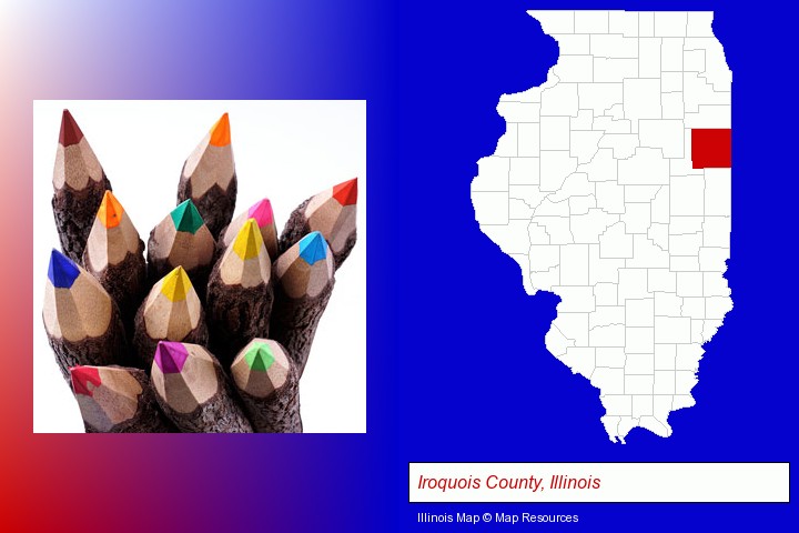 colored pencils; Iroquois County, Illinois highlighted in red on a map