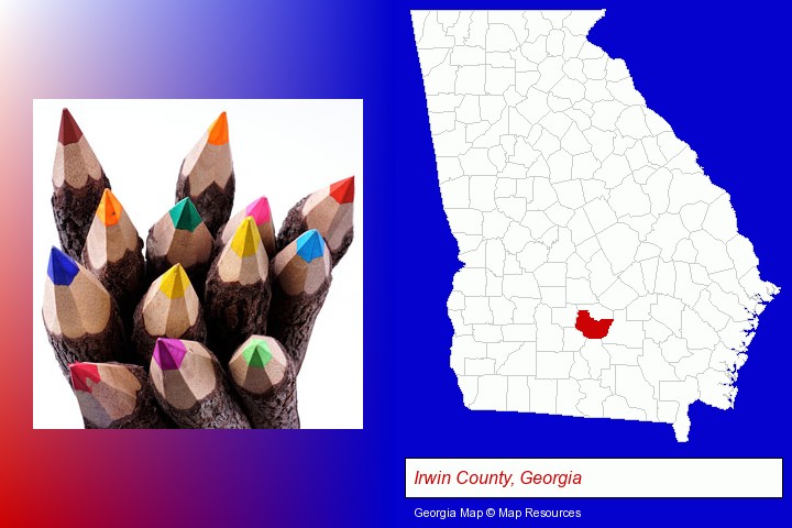 colored pencils; Irwin County, Georgia highlighted in red on a map