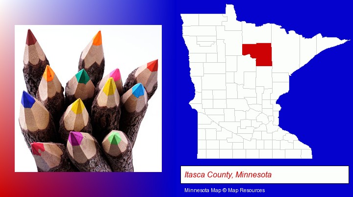 colored pencils; Itasca County, Minnesota highlighted in red on a map