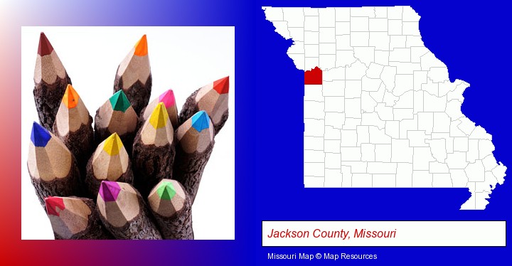 colored pencils; Jackson County, Missouri highlighted in red on a map