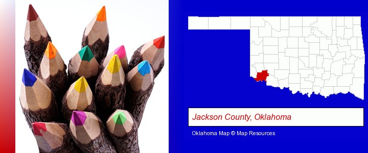 colored pencils; Jackson County, Oklahoma highlighted in red on a map