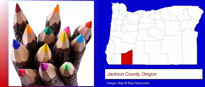 colored pencils; Jackson County, Oregon highlighted in red on a map