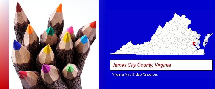 colored pencils; James City County, Virginia highlighted in red on a map