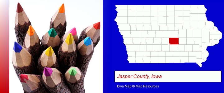 colored pencils; Jasper County, Iowa highlighted in red on a map