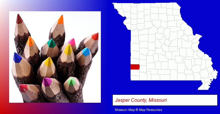 colored pencils; Jasper County, Missouri highlighted in red on a map