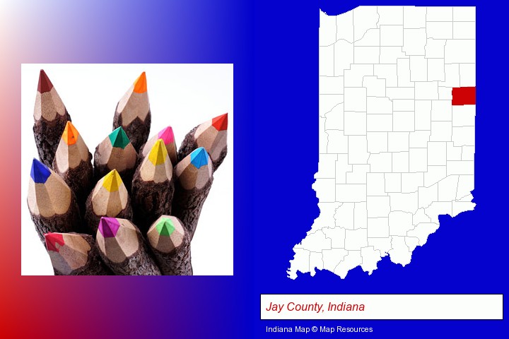 colored pencils; Jay County, Indiana highlighted in red on a map