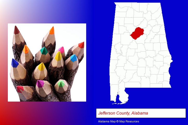 colored pencils; Jefferson County, Alabama highlighted in red on a map