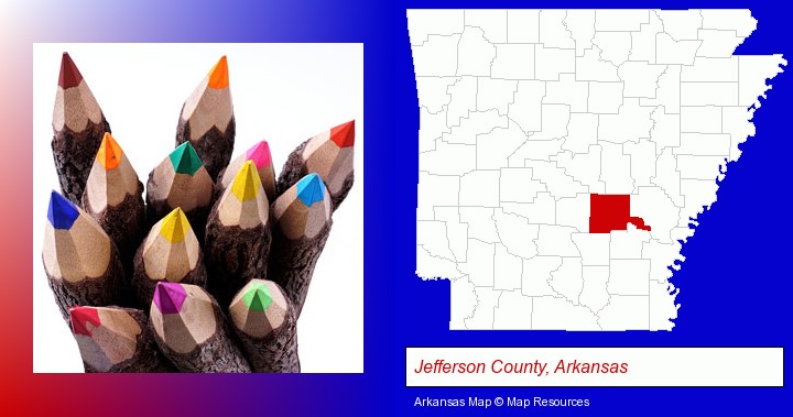 colored pencils; Jefferson County, Arkansas highlighted in red on a map