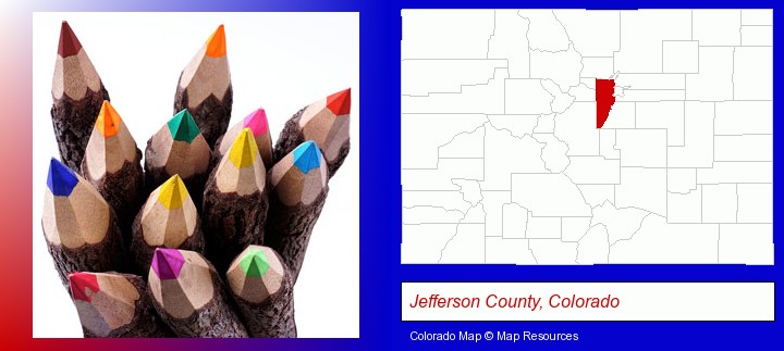 colored pencils; Jefferson County, Colorado highlighted in red on a map