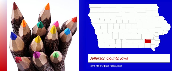 colored pencils; Jefferson County, Iowa highlighted in red on a map