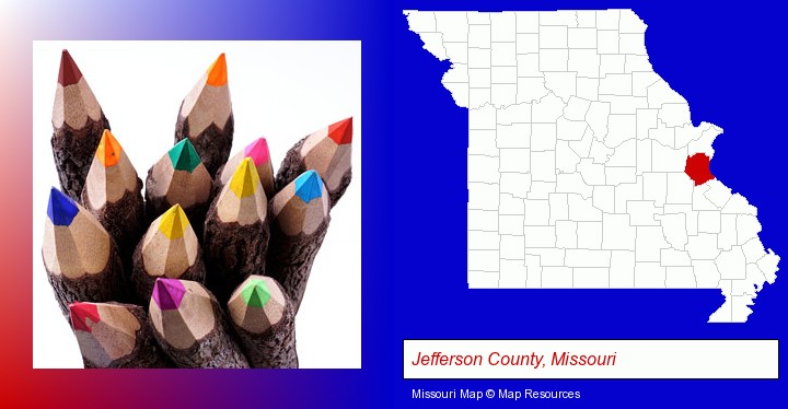 colored pencils; Jefferson County, Missouri highlighted in red on a map
