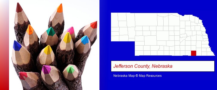 colored pencils; Jefferson County, Nebraska highlighted in red on a map