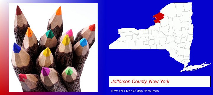 colored pencils; Jefferson County, New York highlighted in red on a map