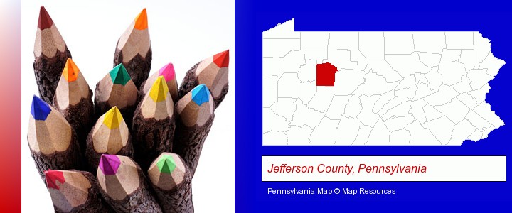 colored pencils; Jefferson County, Pennsylvania highlighted in red on a map