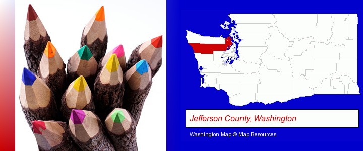 colored pencils; Jefferson County, Washington highlighted in red on a map