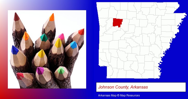 colored pencils; Johnson County, Arkansas highlighted in red on a map