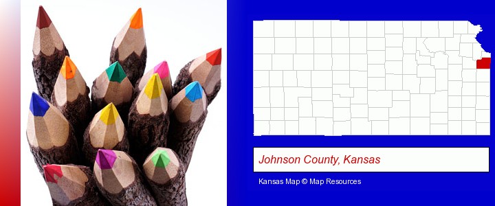 colored pencils; Johnson County, Kansas highlighted in red on a map