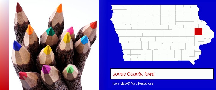 colored pencils; Jones County, Iowa highlighted in red on a map