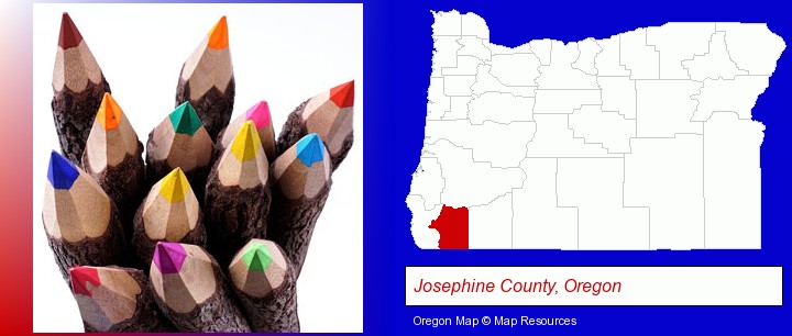 colored pencils; Josephine County, Oregon highlighted in red on a map