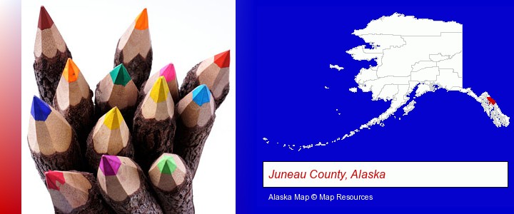 colored pencils; Juneau County, Alaska highlighted in red on a map