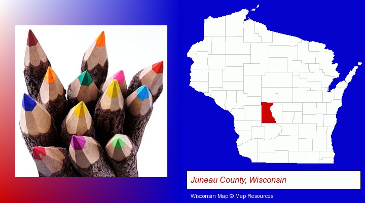 colored pencils; Juneau County, Wisconsin highlighted in red on a map