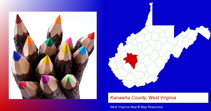 colored pencils; Kanawha County, West Virginia highlighted in red on a map