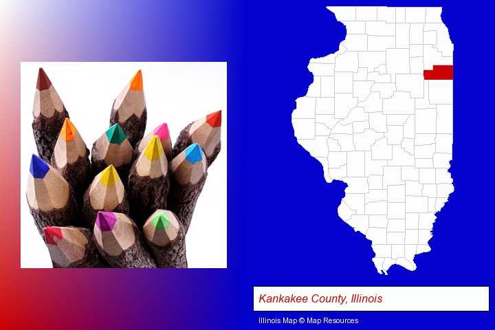 colored pencils; Kankakee County, Illinois highlighted in red on a map