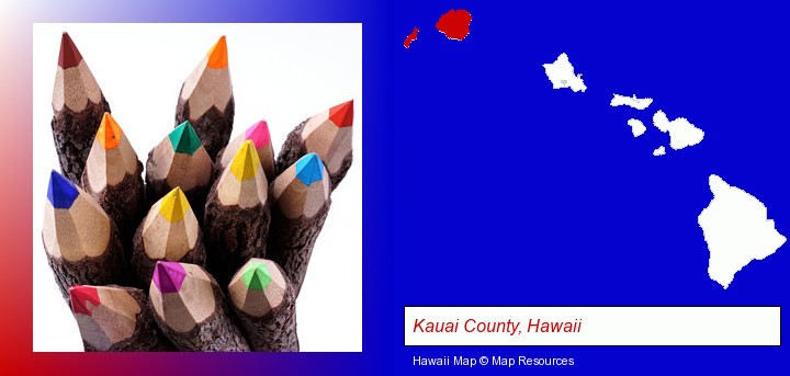 colored pencils; Kauai County, Hawaii highlighted in red on a map