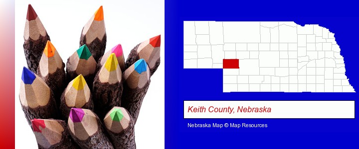 colored pencils; Keith County, Nebraska highlighted in red on a map