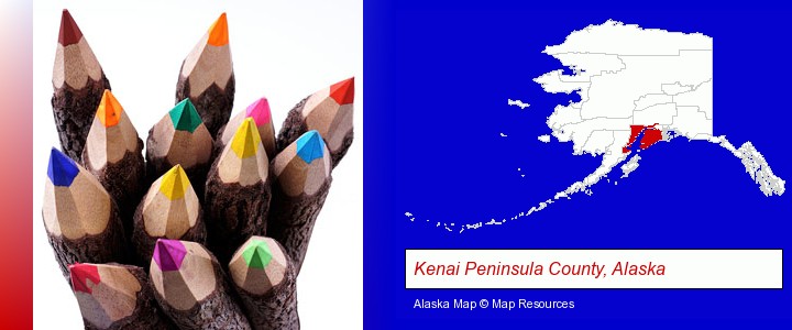 colored pencils; Kenai Peninsula County, Alaska highlighted in red on a map