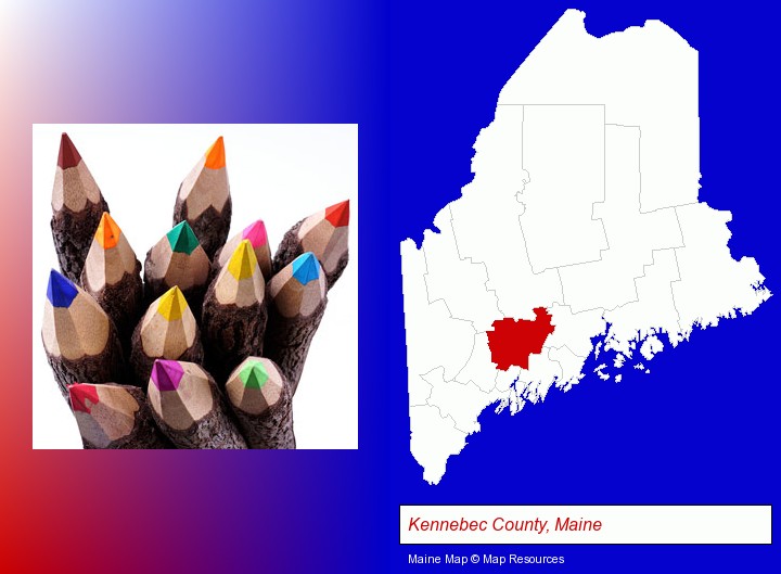 colored pencils; Kennebec County, Maine highlighted in red on a map