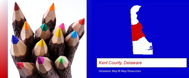 colored pencils; Kent County, Delaware highlighted in red on a map