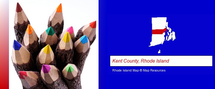 colored pencils; Kent County, Rhode Island highlighted in red on a map