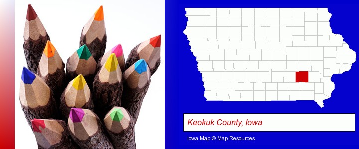 colored pencils; Keokuk County, Iowa highlighted in red on a map